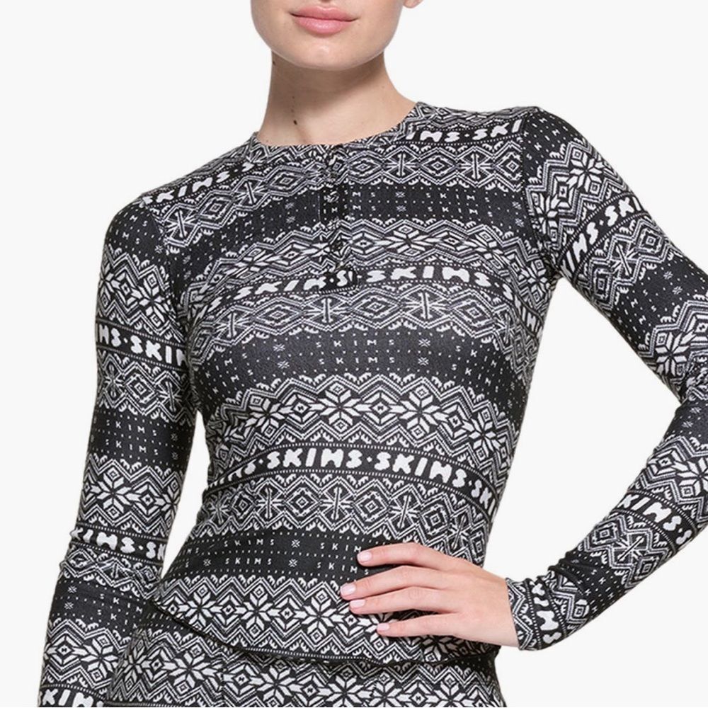 SKIMS LOGO PLUSH POINTELLE LONG SLEEVE HENLEY in ONYX FAIR ISLE sz. L